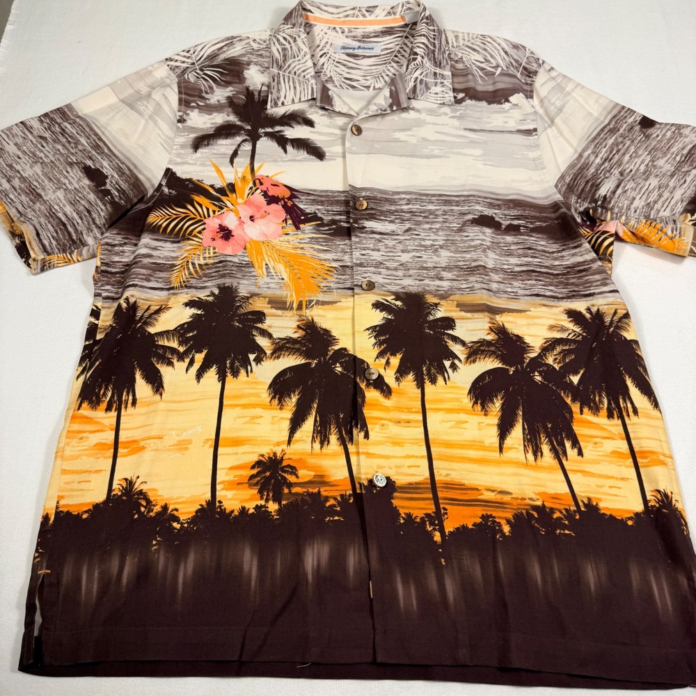Tommy Bahama TB93 Hawaiian Shirt XL rare  SILK Loop Collar Tropical Sunset Palm